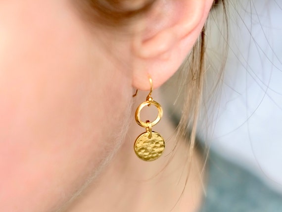 Gold hammered disc earrings