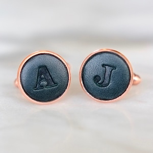 Pair of Personalised Leather Letter Cufflinks Copper and navy blue