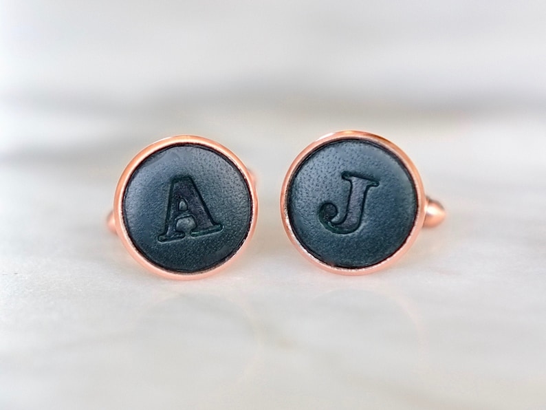 Pair of Personalised Leather Letter Cufflinks Copper and navy blue