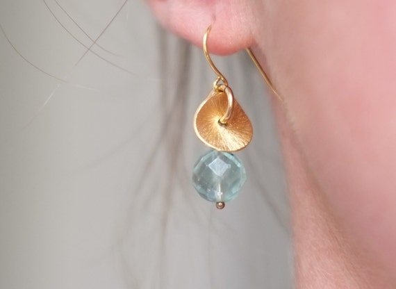 Brushed Gold Disc and Gemstone Earrings