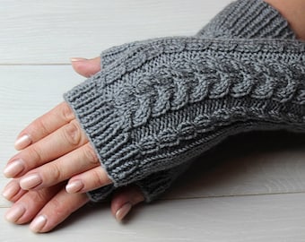 Fingerless gloves Women gloves Cable knit gloves Grey wool mittens