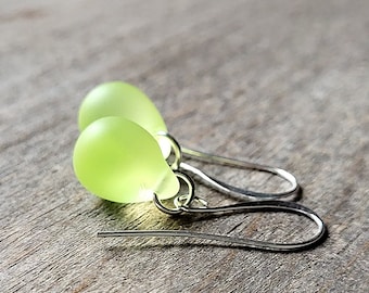Yellow teardrop frosted glass earrings with silver or gold plated ear wire