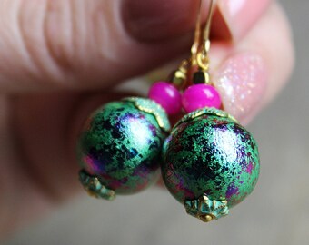 Wood earrings Green wooden earrings Hand painted earrings Beaded earrings