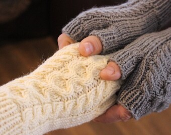 Fingerless gloves Fingerless mittens Wool knit gloves Knited white and gray gloves set for women and men