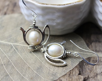 Teapot Earrings, White Pearl Teapot Jewelry