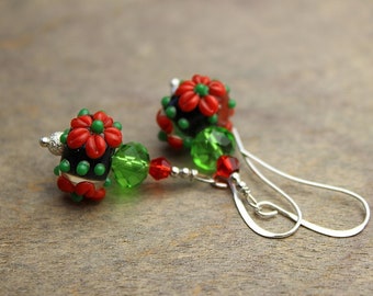 Red flower glass earrings Lampwork earrings Beaded eaarings