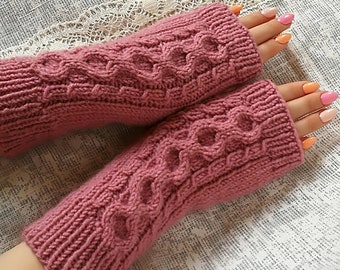 Pink Hand Knit Wool Fingerless Gloves for Women