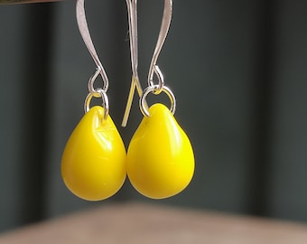 Yellow teardrop glass earrings with gold or silver plated ear wire
