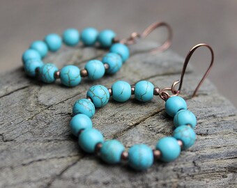 Turquoise earrings Copper hoop earrings Beaded earrings Bohemian earrings