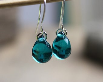 Teal Glass Teardrop Earrings, Silver or Gold Plated