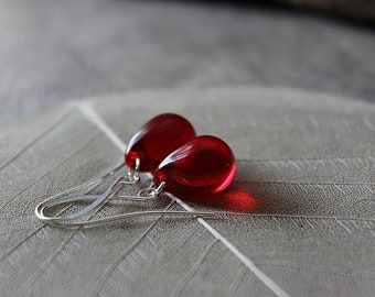 Red teardrop earrings Red glass earrings with silver or gold plated ear wire