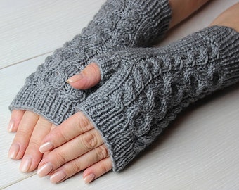 Fingerless gloves Women gloves Grey wool mittens Cable knit gloves