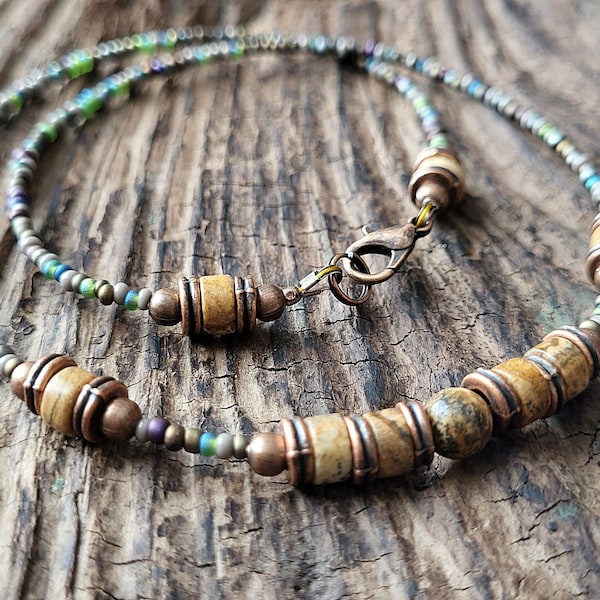 Beaded necklace Stone necklace Copper necklace Natural Picasso jasper necklace Bohemian necklace