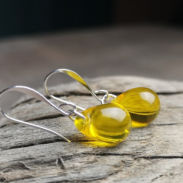Yellow teardrop glass earrings with silver or gold plated ear wire