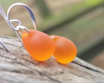Orange teardrop earrings Frosted glass drop earrings