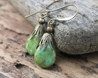 Bohemian earrings Flat teardrop green earrings Brass earrings with briolette beads