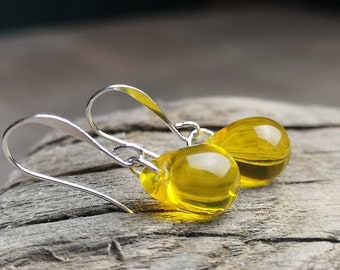 Yellow teardrop glass earrings with silver or gold plated ear wire