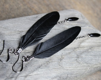 Black feather earrings Goth earrings Black spikes earrings