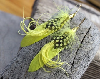 Yellow feather earrings Real feather earrings Boho hippie jewelry for women Festival fashion