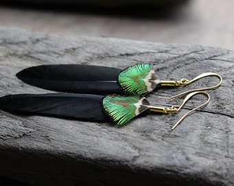 Real feather earrings Green feather earrings Lightweight boho jewelry Festival fashion for woman