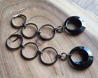 Black hoop earrings Long hoop earrings Whimsgoth earrings Gunmetal earrings