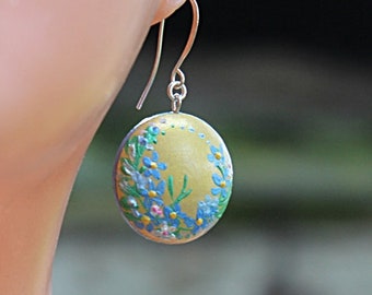 Wooden earrings Hand painted earrings with forget me not