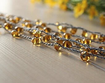 Crochet Necklace with Yellow Glass Beads Rustic Summer Boho Jewelry for women gift