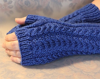 Blue knit fingerless gloves Wool long women's gloves