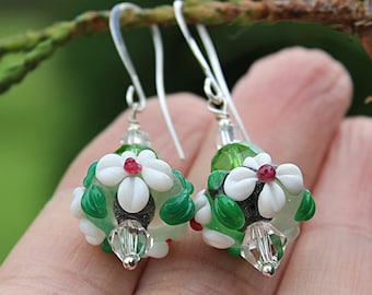 Lampwork earrings Beaded earrings Glass flower earrings