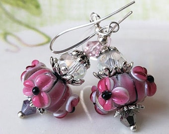 Lampwork Ohrringe rosa Blume Ohrringe Perlen Ohrringe botanische Ohrringe
