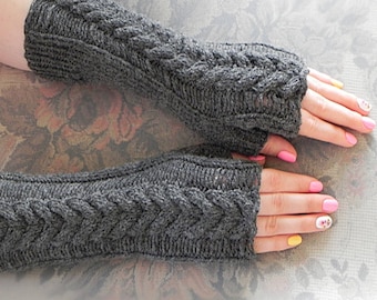 Fingerless gloves Grey knit gloves Wool gloves for women Cable knit mittens