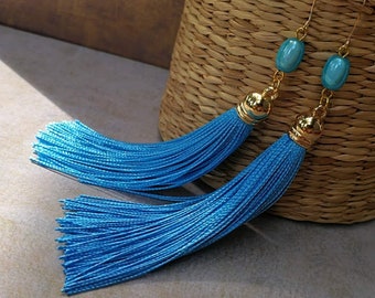 Long tassel earrings Blue fringe earrings Statement jewelry for party Gifts for women