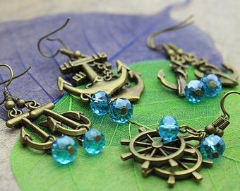 Nautical Earrings Brass, Brass Anchor Earrings, Ship Rudder Earrings