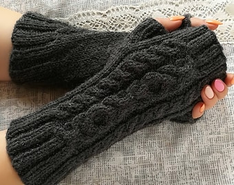 Gray Wool Fingerless Gloves Knitted Fingerless for Women Cable Knit Gloves Elegant Gloves