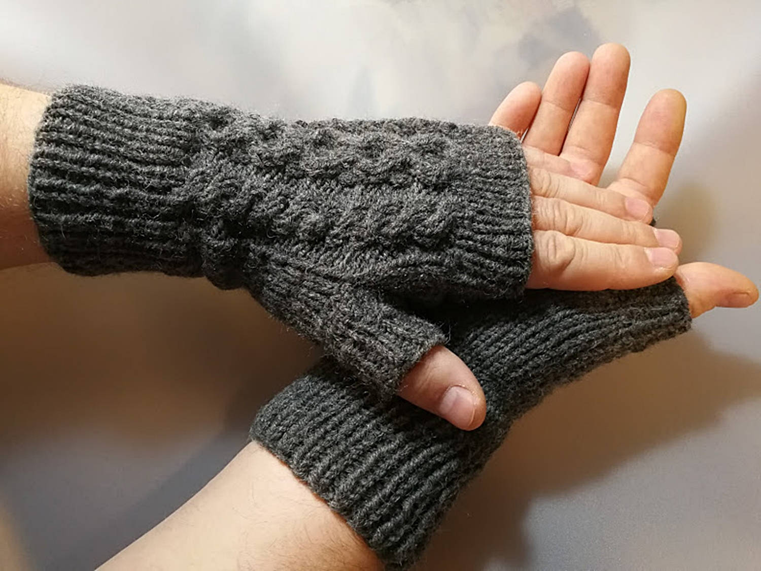 Hand Crafted Thick And Warm Cabled Fingerless Gloves For Men - In Charcoal  Gray by Y A R N C O T U R E