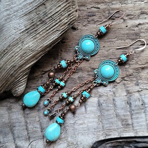 Bohemian earrings Copper earrings Boho blue earrings Beaded earrings