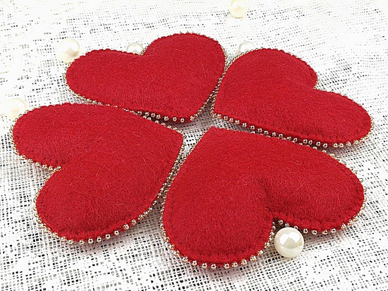 Felt heart ornament Red heart decoration Beaded Christmas ornaments Beaded felt heart