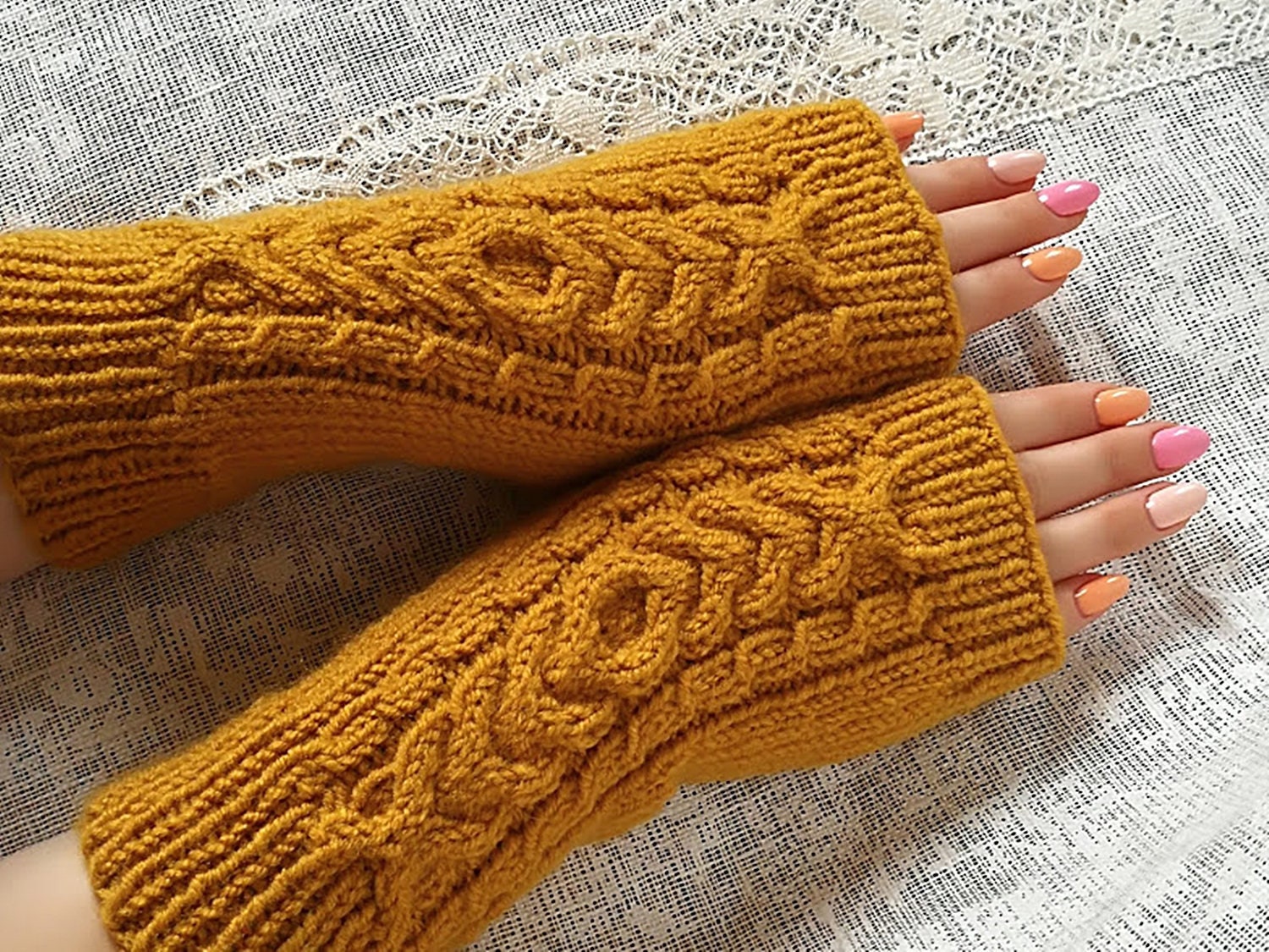 Mustard Wool Fingerless Gloves for Women