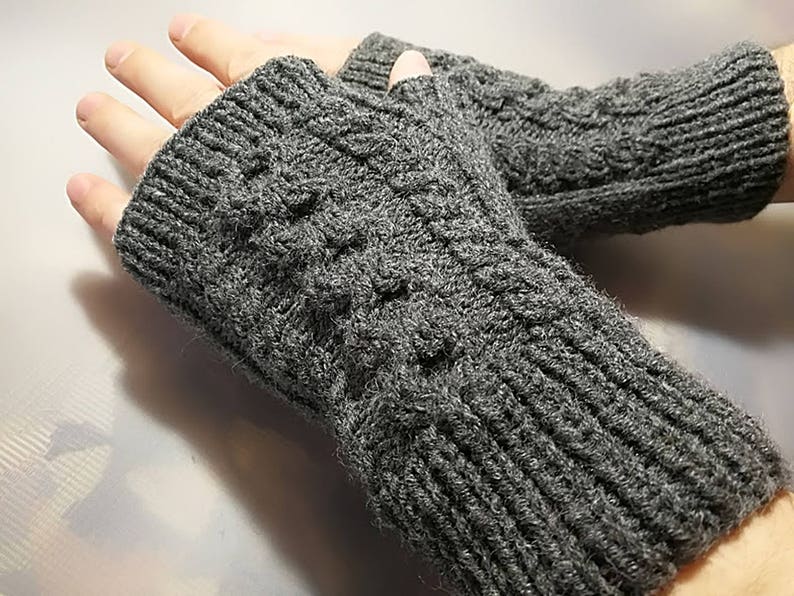 Mens Fingerless Gloves Mens Arm Warmers Grey Mens Wool Gloves Mens Grey Knit Gloves image 8