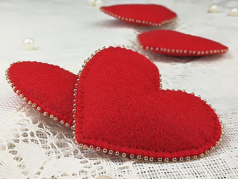 Felt heart ornament Red heart decoration Beaded Christmas ornaments Beaded felt heart