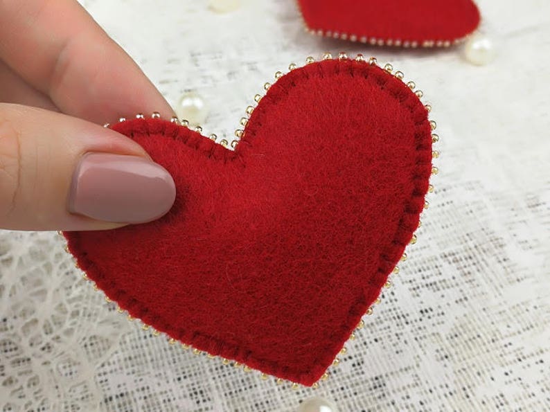 Felt heart ornament Red heart decoration Beaded Christmas ornaments Beaded felt heart