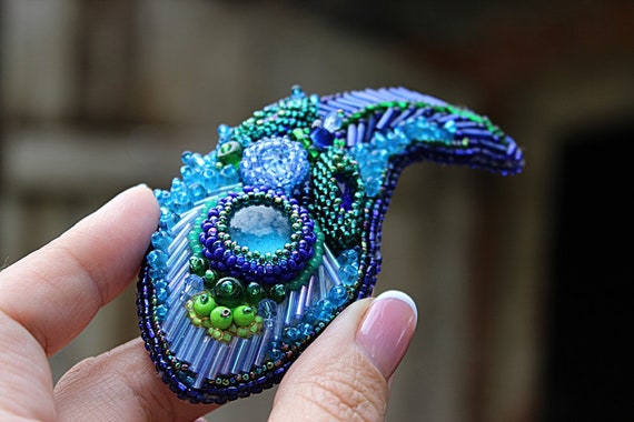 Peacock Brooch Embroidered Brooch Paisley Jewelry Feather Brooch 