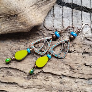 Bohemian earrings Copper earrings Blue green earrings