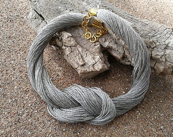 Linen Cord Necklace Linen Necklace Knot Necklace Linen Fiber Necklace Natural Linen  Beach Jewelry Eco Style Jewelry Braided Necklace Grey