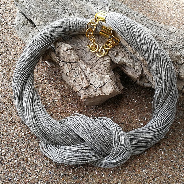 Linen Cord Necklace Linen Necklace Knot Necklace Linen Fiber Necklace Natural Linen  Beach Jewelry Eco Style Jewelry Braided Necklace Grey