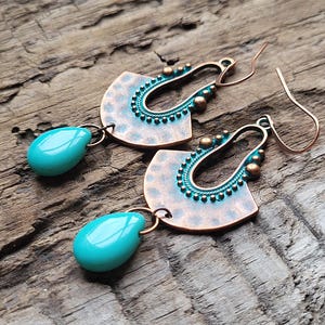 Copper earrings Bohemian earrings Beaded earrings Blue earrings