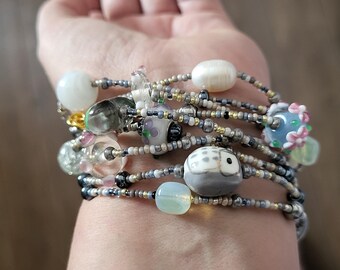 Gray Wrap Bracelet or Long Necklace Glass Beaded Jewelry