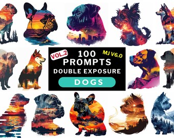 Midjourney prompts for double exposure silhouette portrait Print on demand products prompts Dog breeds with nature mountains city landscape