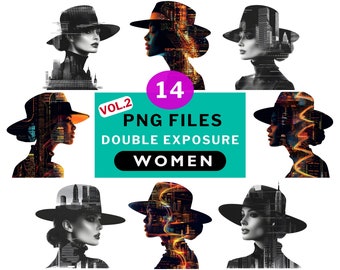 PNG bundle Women with hat Double exposure png files, Female clipart PNG transparent background 300DPI, Midjourney prompts women and the city