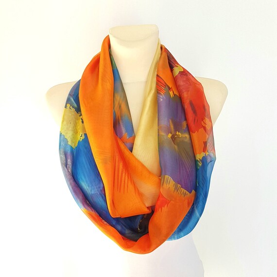 Orange Blue Silk Infinity Scarf Floral Silk Scarves for Women Etsy